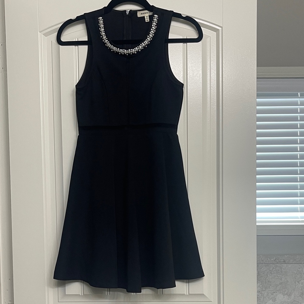 Black Sleeveless Beaded-Neck Fit & Flare Mini Dress